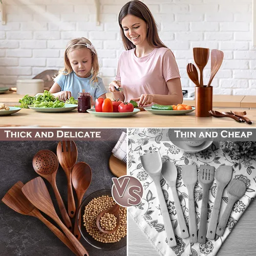 Miniatura 7 de Juego de 6 cucharas de madera de acacia para cocinar, juego de utensilios de madera Duradero, no tóxico, antiadherente, acabado suave, fácil