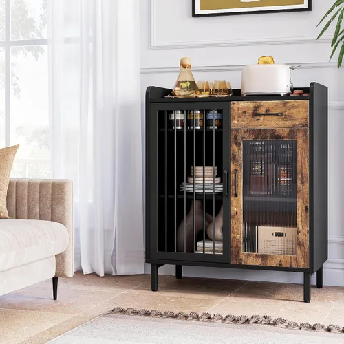 Miniatura 6 de GAOMON Aparador de buffet moderno, armario de almacenamiento de cocina con estantes y puertas de vidrio, gabinete de buffet de metal con cajones