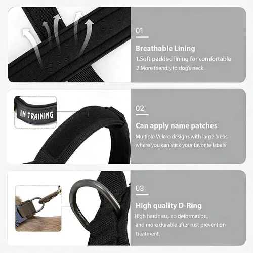 Miniatura 5 de Collar táctico para perro, ajustable, militar, de nailon, con asa de control y hebilla de metal resistente para perros medianos y grandes (negro, S)
