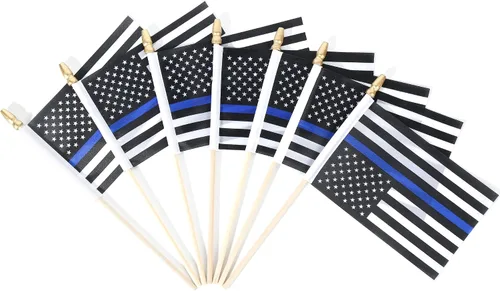Miniatura 6 de Paquete de 25 Banderas Pequeñas de Línea Azul Fina de Policía en Palo, Mini Banderas Estadounidenses para Oficiales de Policía, Regalos para Eventos