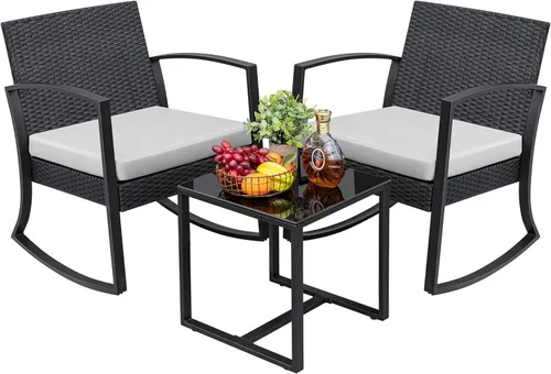 Greesum Juego de muebles de exterior de 3 piezas para patio, bistró, mecedoras con mesa de centro de cristal para piscina, playa, patio, balcón,