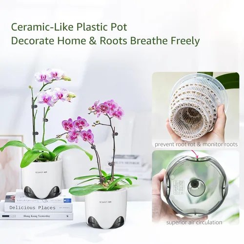 Miniatura 2 de Macetas de orquídeas con agujeros para trasplantar, plástico de doble capa que imita la maceta de orquídea de cerámica que proporciona una buena