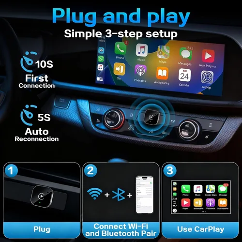 Miniatura 4 de Mini Adaptador Inalámbrico CarPlay para iPhone, 2 en 1 para Apple CarPlay y Adaptador Android Auto, Convierte de Cableado a Inalámbrico, Plug & Negro