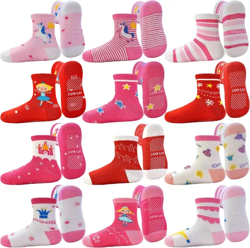 Miniatura 12 de Tphon - Calcetines antideslizantes para bebés y niños pequeños, 12 pares con agarre, calcetines de tripa para niños de 0 a 7 años, niños y niñas