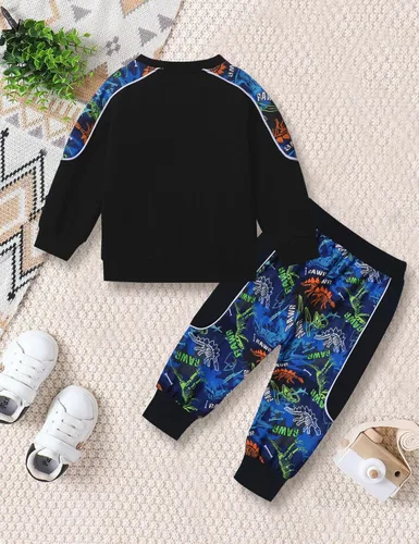 Miniatura 7 de KANGKANG Conjunto de sudadera de manga larga con estampado de letras para niños pequeños, conjunto de pantalones con estampado de dinosaurio