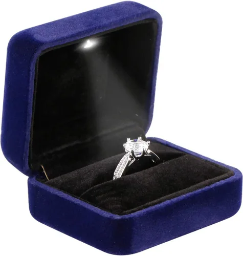 Caja de regalo de terciopelo de metal brillante con LED para propuesta, compromiso, boda, fácil de colocar en tu bolsillo o bolso, color azul