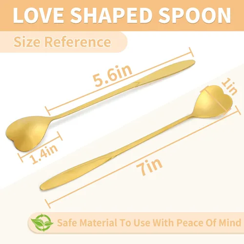 Juego de 4 cucharas de café y té de acero inoxidable en forma de corazón, mango largo de 7 pulgadas, color dorado