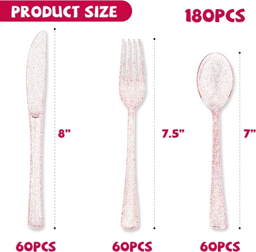 Miniatura 2 de hapray Juego de cubiertos de plástico color oro rosa de 180 piezas, cubiertos desechables con purpurina, juego de cubiertos, 60 tenedores, 60