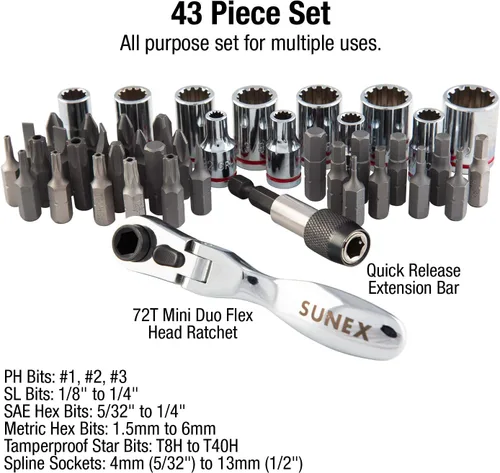 Miniatura 3 de Sunex 9732 - Juego de trinquete de 44 piezas de 1/4 de pulgada con cabezal flexible doble, juego de llaves y puntas y Klein Tools 65200 Juego
