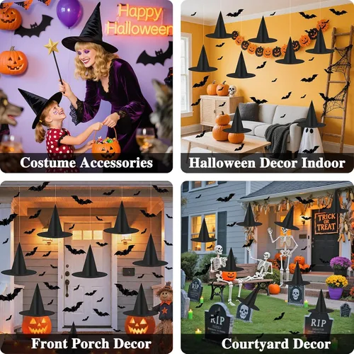 Miniatura 2 de Tepoobea Decoraciones de Halloween, sombreros de bruja negra, paquete de 8 sombreros de bruja colgantes y 32 piezas de murciélagos 3D, decoraciones