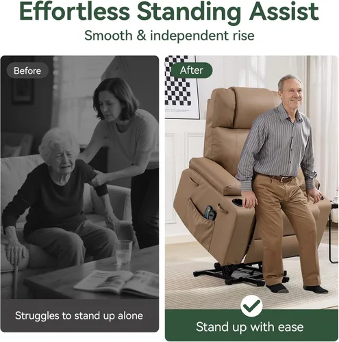 Miniatura 3 de Silla Reclinable con Elevación Eléctrica para Personas Mayores con Calor y Masaje, Sillón Reclinable de Cuero PU Eléctrico Ajustable 160° con Marrón
