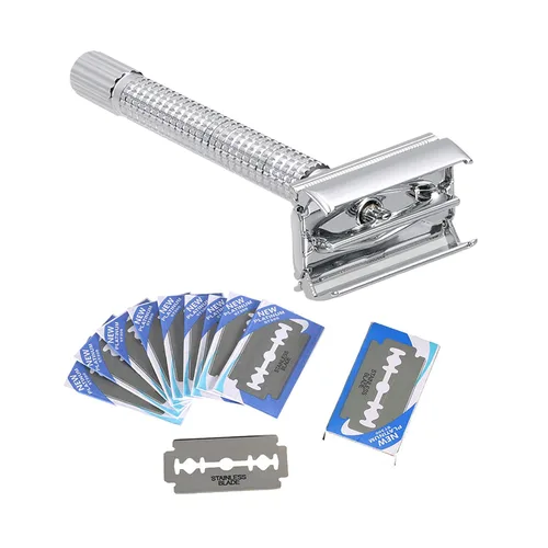 Navaja de afeitar de seguridad de doble filo de acero inoxidable con 20 piezas de acero inoxidable, juego tradicional de afeitar de doble filo para