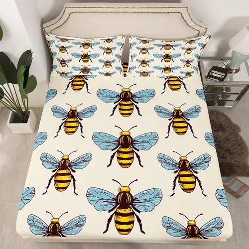 Miniatura 18 de Juego de ropa de cama de nido de abeja, sábana bajera ajustable de abeja para niños y niñas, diseño geométrico de vida silvestre voladora, juego