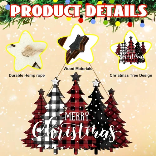 Miniatura 3 de BBTO Letrero de puerta con texto en inglés "Merry Christmas", diseño de búfalo a cuadros, árbol de Navidad, decoración de árbol de Navidad