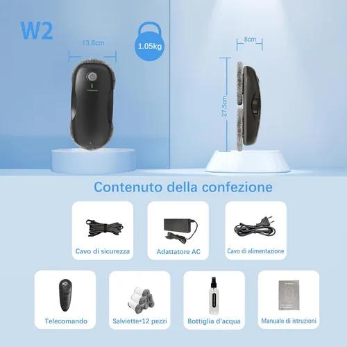 Miniatura 5 de Tosima Robot Limpiador de Ventanas W2, Limpieza Automática con Planificación Inteligente de Ruta, Potencia de Succión de 3800 Pa, Tecnología