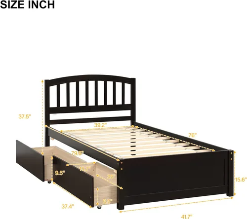 Miniatura 2 de Harper & Bright Designs Cama individual con cajones, marco de cama de madera con cabecero y estribo, plataforma de madera para niños, niñas, niños
