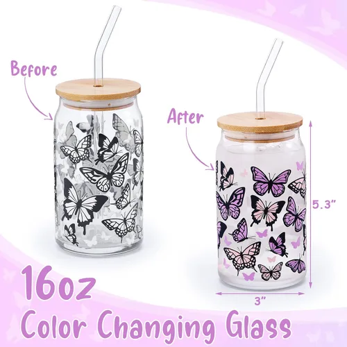 Miniatura 4 de Nefelibata Vaso de cerveza de vidrio con diseño de mariposa que cambia de color, 16 onzas, diseño de cola de golondrina pastel, con tapa, pajita