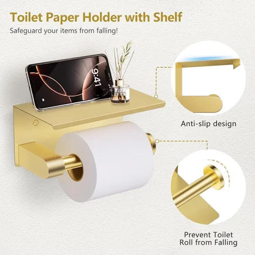 Miniatura 3 de TQKAG Juego de 5 Piezas de Soportes para Toallas de Baño Juego de Herrajes de Baño Dorado Cepillado de Acero Inoxidable Soporte de Papel Higiénico