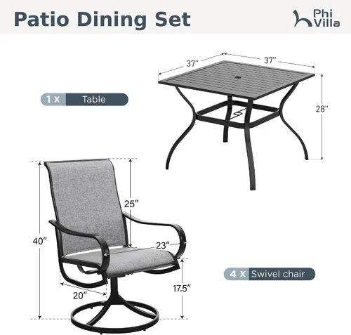 Miniatura 8 de PHI VILLA Juego de comedor de patio de 5 piezas con sillas de comedor giratorias para exteriores (gris) y mesa de comedor de acero de metal de 37 x