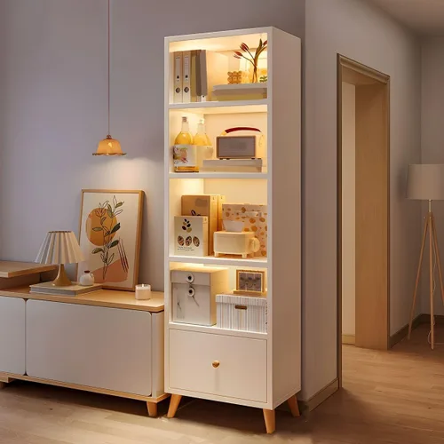 Miniatura 10 de Estantería moderna con cajones y armario de almacenamiento de madera con parte trasera cerrada, estantería independiente para oficina en casa, sin
