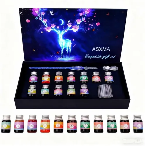Miniatura 9 de Juego de bolígrafos de caligrafía de cristal, 14 piezas, 12 tintas de color, soporte para bolígrafos, taza de limpieza, 1 bolígrafos de cristal