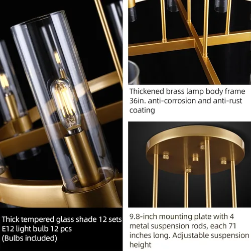 Miniatura 5 de Candelabro de 12 Luces de Latón Redondo 36" Candelabros de Rueda de Vagón de 91 cm para Fijo de Iluminación de Comedor Tubo de Vidrio Transparente