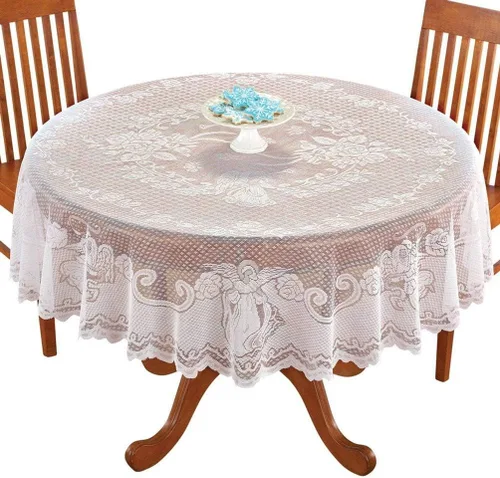 Miniatura 3 de Christmas White Lace Rectangular Tablecloth with Angel for Parties, Weddings, Baby Showers, Dining Tables, 60 x 84 Inches