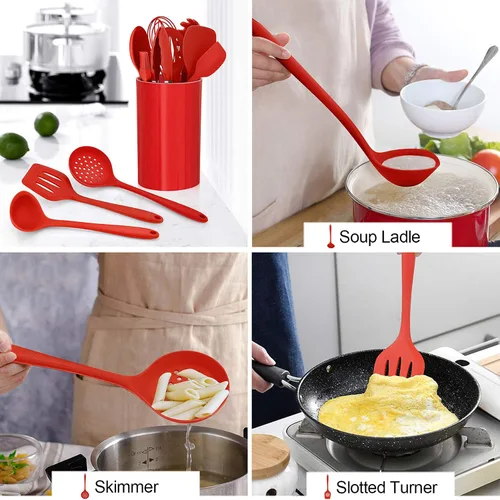 Miniatura 4 de LIANYU Utensilios de cocina de silicona roja de 12 piezas con soporte, juego de herramientas de cocina incluye espátula ranurada, cuchara, cucharón