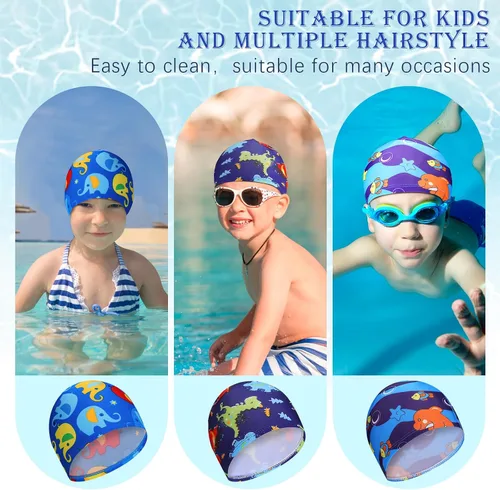 Miniatura 5 de Geyoga Gorros de natación para niños, 3 piezas, unisex, de poliéster, para piscina, gorra de verano para niños y niñas, pelo largo y corto