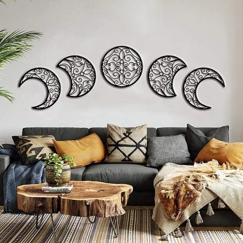 Decoración de pared de luna, decoración de pared de fase lunar para colgar (5 piezas) de madera nórdica, aspecto de luna, diseño natural interior de