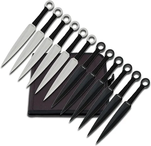 Miniatura 4 de Perfect Point Set de cuchillos de lanzamiento – Juego de 9 lanzadores, hojas de acero inoxidable negro con mangos envueltos en cordón rojo con 060