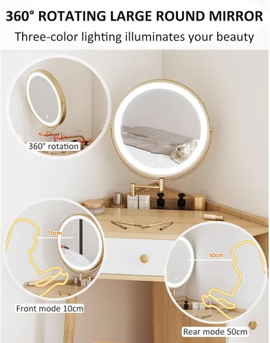 Miniatura 6 de Escritorio esquinero para dormitorio, juego de tocador blanco, con espejo de brillo ajustable, con 1 cajón y armario lateral, con estantes