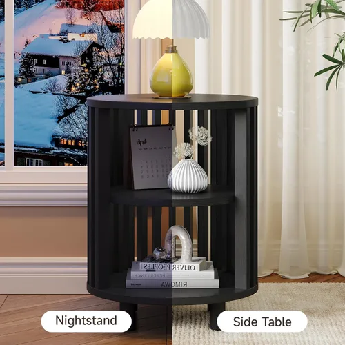 Miniatura 5 de Mesa auxiliar redonda, mesita de noche de madera, mesita de noche moderna de mediados de siglo con estante de almacenamiento abierto, mesas