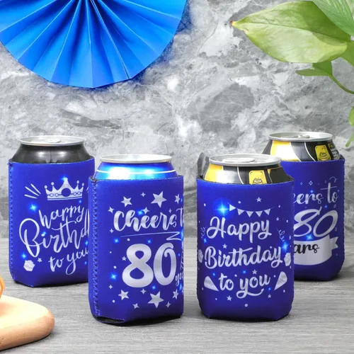 Miniatura 3 de Decoración de manga enfriadora de latas de cumpleaños número 80, 12 unidades, recuerdos de fiesta de 80 para hombres y mujeres, suministros de Azul