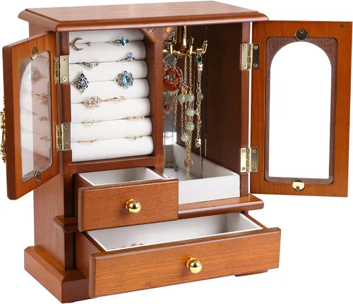 Kendal Joyero de madera para mujer, regalo de graduación, organizador de joyas sólido, regalos del día de la madre, joyero de madera con espejo para