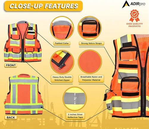 Miniatura 2 de AdirPro - Chaleco de seguridad para agrimensor con bolsillos - Chaleco reflectante de alta visibilidad para construcción Naranja