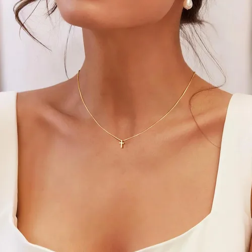 Miniatura 24 de Collar de cruz para mujeres y niñas, delicado chapado en oro de 14 quilates, gargantilla con dije de cruz que no se deslustra, impermeable, moderno