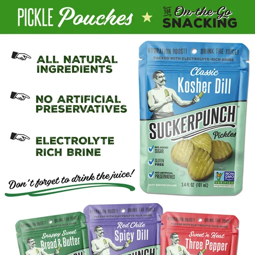 Miniatura 4 de SuckerPunch Encurtidos en una bolsa, sin gluten, kosher, sin azúcar, bajo en calorías, keto, vegano, sin OMG, listo para comer, para llevar, bolsas
