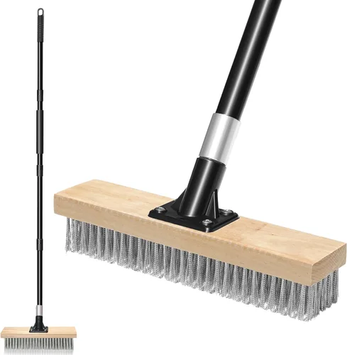 TidyBliss Cepillo de alambre de acero inoxidable con mango largo, escoba rígida de metal resistente, removedor de musgo para exteriores para piso de