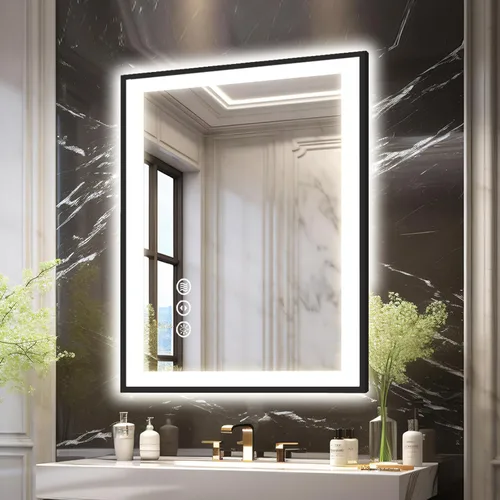 Espejo de baño LED de 20 x 28 pulgadas para pared, marco negro (metal, aluminio), luz frontal y retroiluminada, 3 colores y espejo de tocador