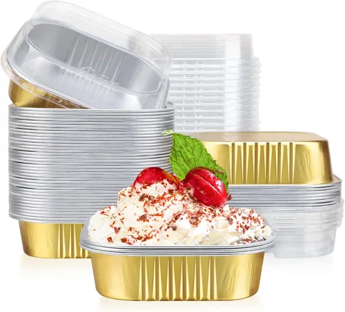 Miniatura 10 de EUSOAR Mini moldes para tartas con tapas, 12.3 onzas, 12.2 fl oz, 50 unidades cuadradas de aluminio para cupcakes con tapas, papel de aluminio
