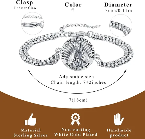 Miniatura 101 de Pulsera unisex de San Miguel/Cristóbal/Benedicto/Jude/José/Guadalupe/Ángel de la Guarda/Santa Muerte Pulsera de plata de ley 925 con cadena de doble