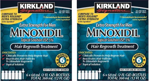 Kirkland Minoxidil 5 porcentaje extra fuerte tratamiento de recrecimiento de pérdida de cabello para hombres, paquete de 2 (suministro de 6 meses)