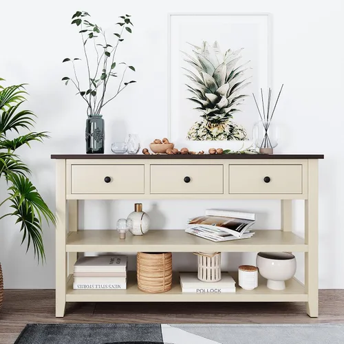 GDFStudio Trexme - Mesa consola rectangular de madera de 50 pulgadas de largo con tres cajones de almacenamiento y dos estantes abiertos, mesa