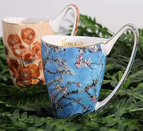 Miniatura 5 de Taza de café de porcelana de hueso YBK Tech, taza grande de 16oz de té - Diseño inspirado en las pinturas de Van Gogh (flor de albaricoque)