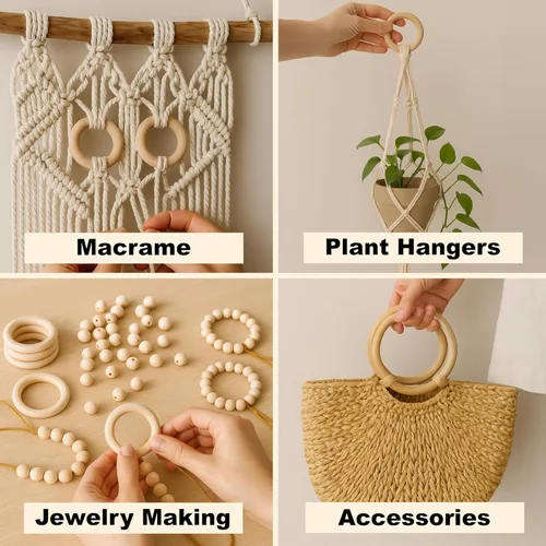 Miniatura 5 de Mandala Crafts Suministros de anillos de macramé de madera de 1.575 pulgadas, 70 círculos de madera natural sin terminar para la fabricación de joyas