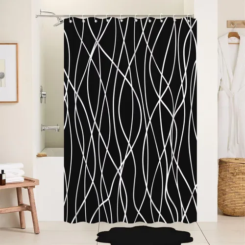 Miniatura 61 de Cortina de ducha pequeña a rayas gris claro degradado para baño, 36 x 72 pulgadas, juego de cortina de ducha geométrica para cabina de RV