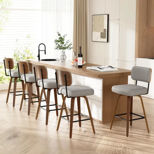Miniatura 25 de Juego de 1 taburete de bar giratorio, taburetes de bar tapizados de 26" de altura para encimera con respaldo de nogal y patas de madera curvada