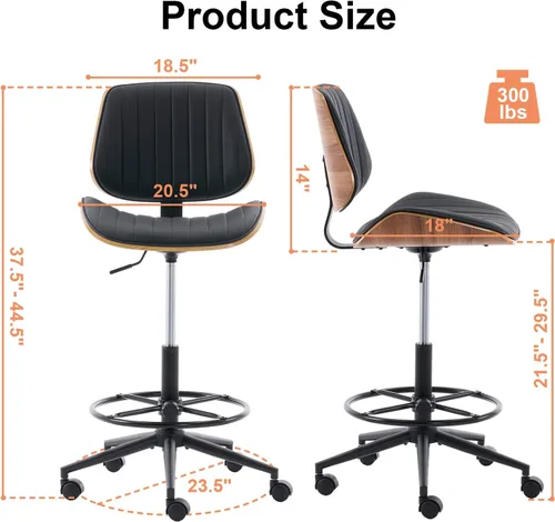 Miniatura 2 de Silla de dibujo, silla de oficina ergonómica con respaldo de madera de nogal, silla de escritorio de piel sintética sin brazos con altura ajustable