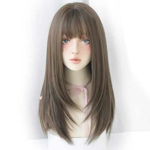 Miniatura 12 de Peluca de 22 pulgadas de largo y lacia con flequillo de cortina para mujer, cabello sintético negro, resistente al calor, para fiesta, cosplay, Té